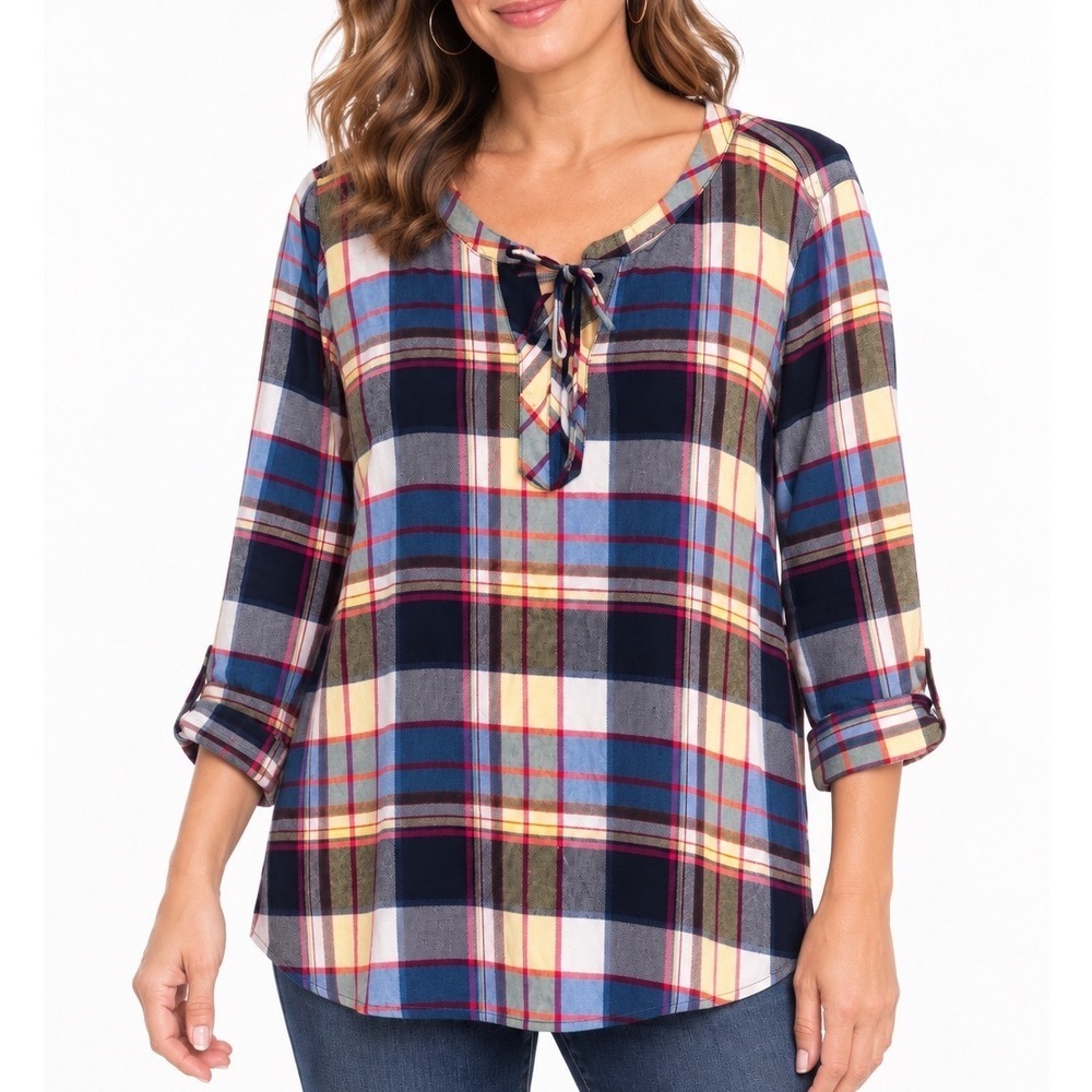 Talbots Woman 1X Plaid Viscose Split Neck Tie Blouse 3/4 Roll Tab Sleeve Blue